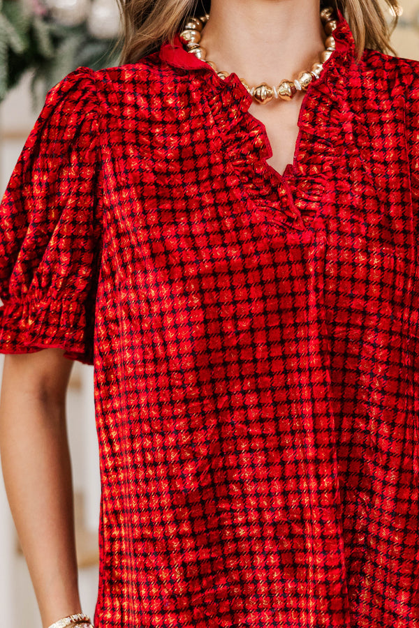 Soft Standard Red Velvet Plaid Blouse