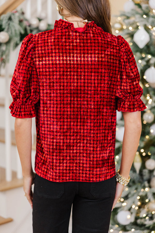 Soft Standard Red Velvet Plaid Blouse