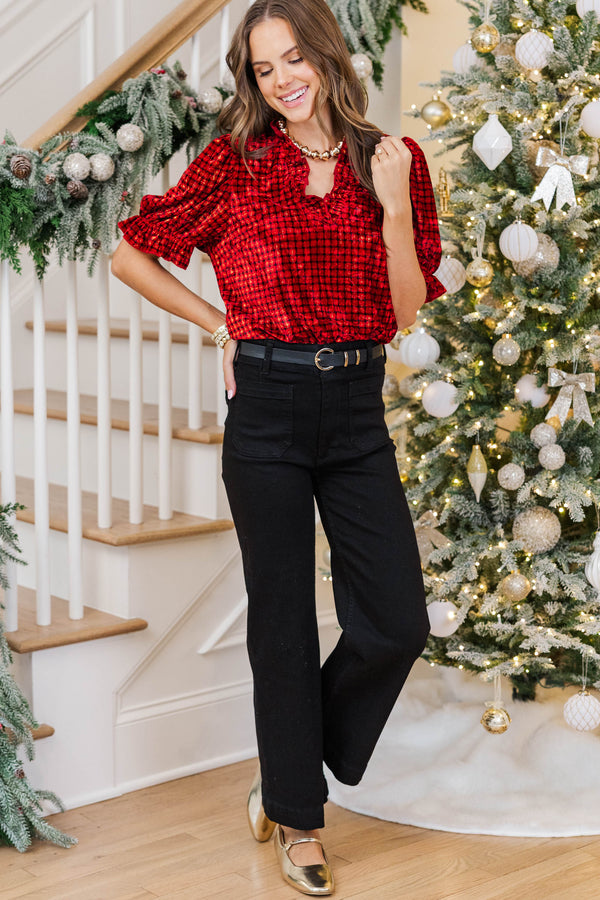 Soft Standard Red Velvet Plaid Blouse