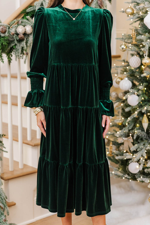 Wrapped in Elegance Emerald Velvet Tiered Midi Dress