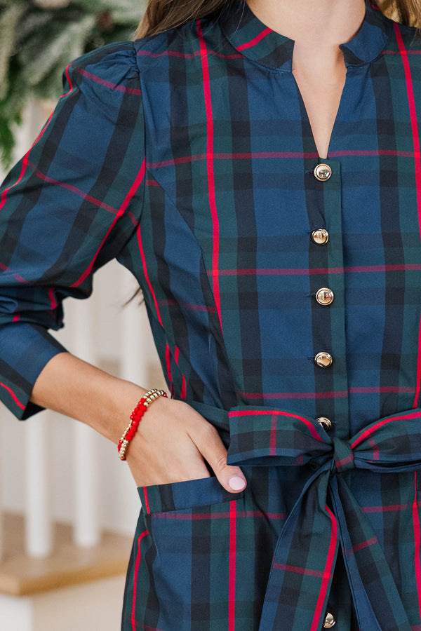 Signature Elegance Navy Plaid Dress