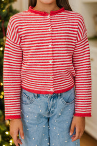 Girls: Fun Detail Red Striped Cardigan