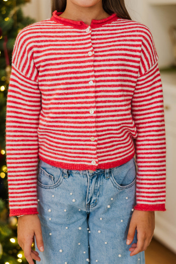 Girls: Fun Detail Red Striped Cardigan