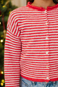 Girls: Fun Detail Red Striped Cardigan