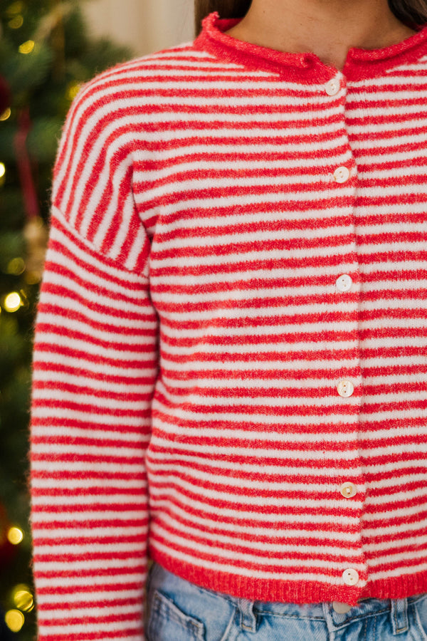 Girls: Fun Detail Red Striped Cardigan