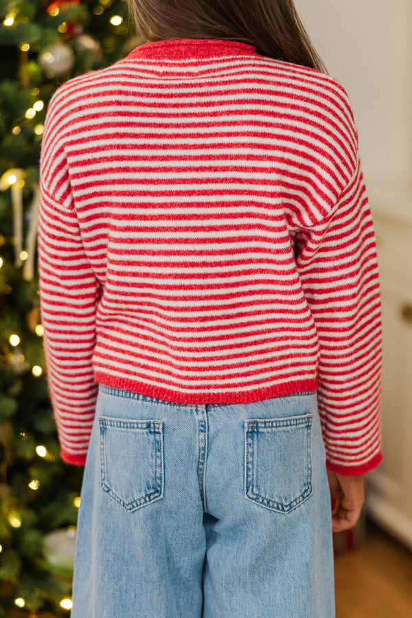 Girls: Fun Detail Red Striped Cardigan