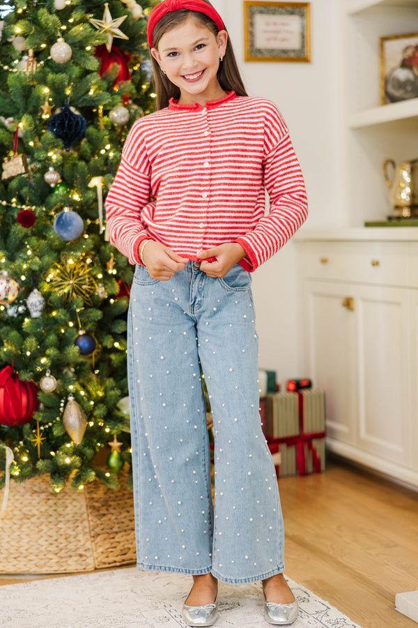 Girls: Fun Detail Red Striped Cardigan