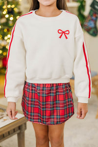 Girls: Gift Worthy Cream Bow Embroidered Sweatshirt