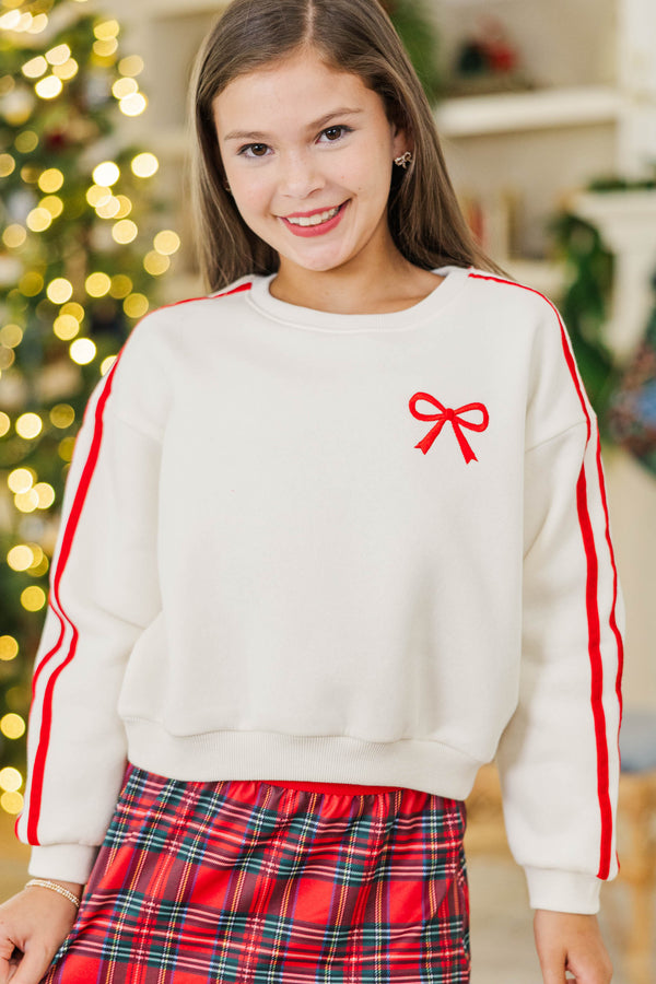 Girls: Gift Worthy Cream Bow Embroidered Sweatshirt