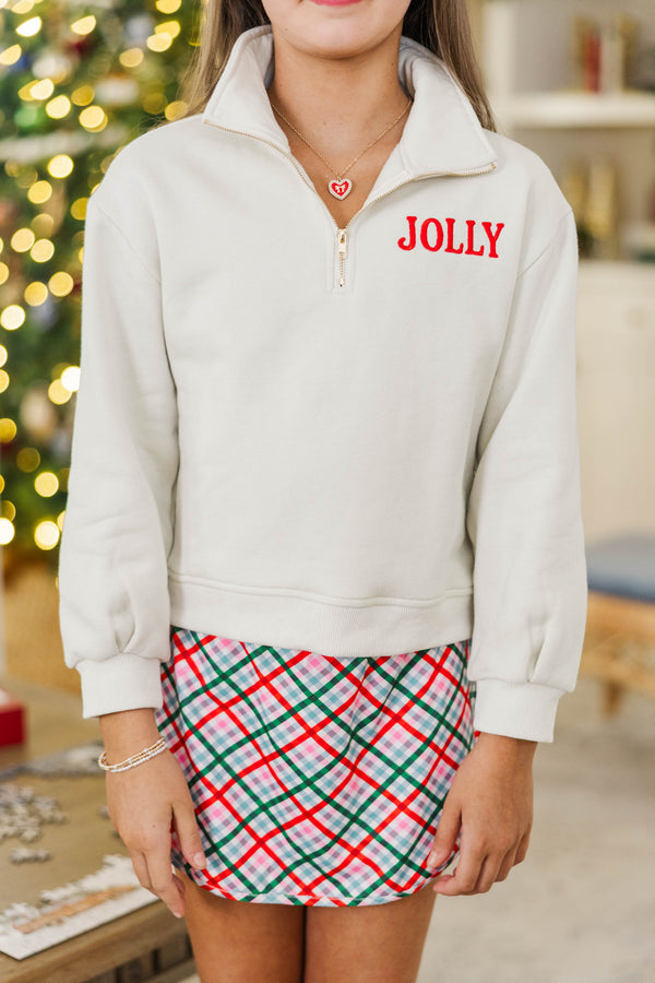 Girls: Holly Jolly Mood Cream Embroidered Sweatshirt