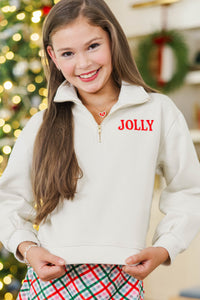 Girls: Holly Jolly Mood Cream Embroidered Sweatshirt