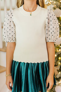 Girls: Brilliant Idea Cream Polka Dot Ribbed Scallop Top