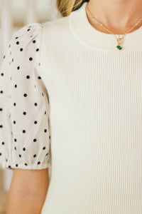 Girls: Brilliant Idea Cream Polka Dot Ribbed Scallop Top