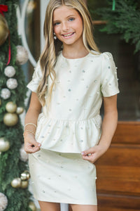 Girls: Holiday Soirée Cream Embellished Top