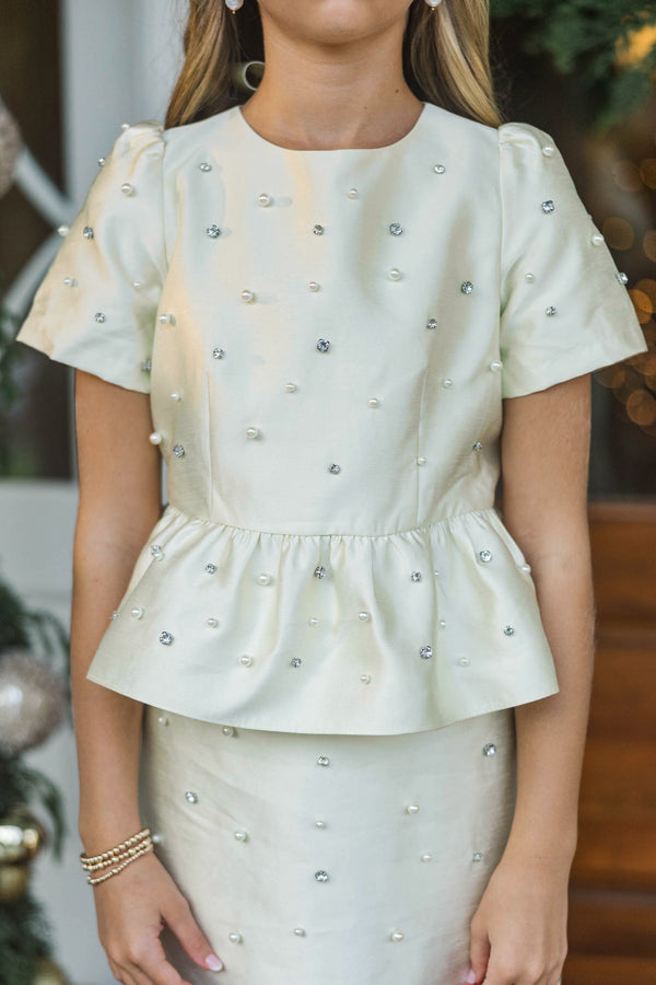 Girls: Holiday Soirée Cream Embellished Top