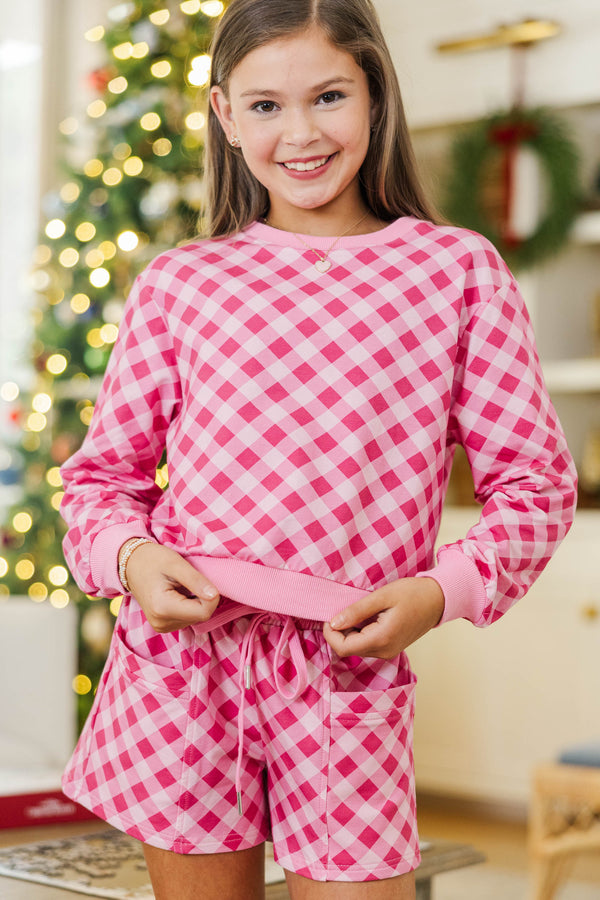 Girls: Sunday Reset Pink Plaid Sweatshirt