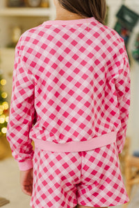 Girls: Sunday Reset Pink Plaid Sweatshirt