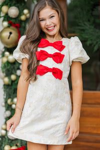 Girls: Christmas In The City Cream Brocade Bow Dress