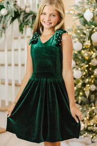 Girls: December Evening Emerald Velvet Bow Dress
