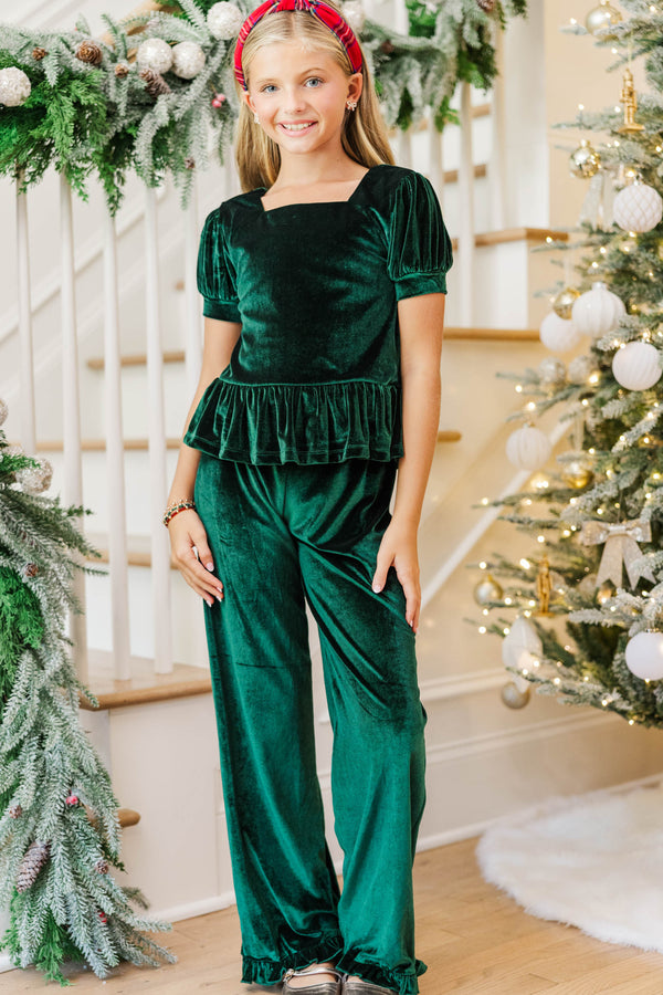 Girls: Base Line Emerald Velvet Top & Pants Set