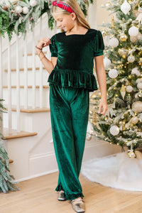 Girls: Base Line Emerald Velvet Top & Pants Set