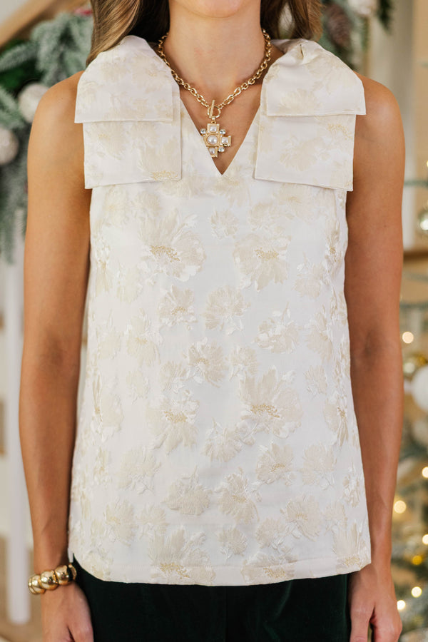 Soft Shimmer Cream Brocade Bow Blouse