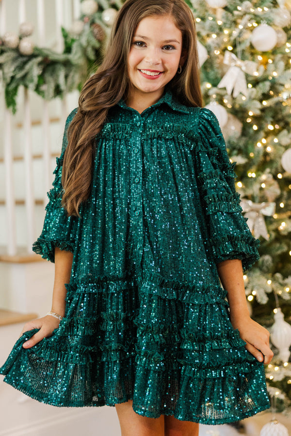 Girls: Just Keep It Up Emerald Sequin Ruffled Dress