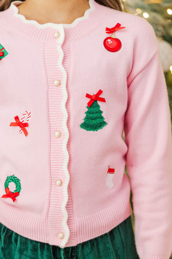 Girls: December Darling Pink Embroidered Cardigan