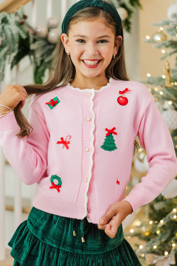 Girls: December Darling Pink Embroidered Cardigan