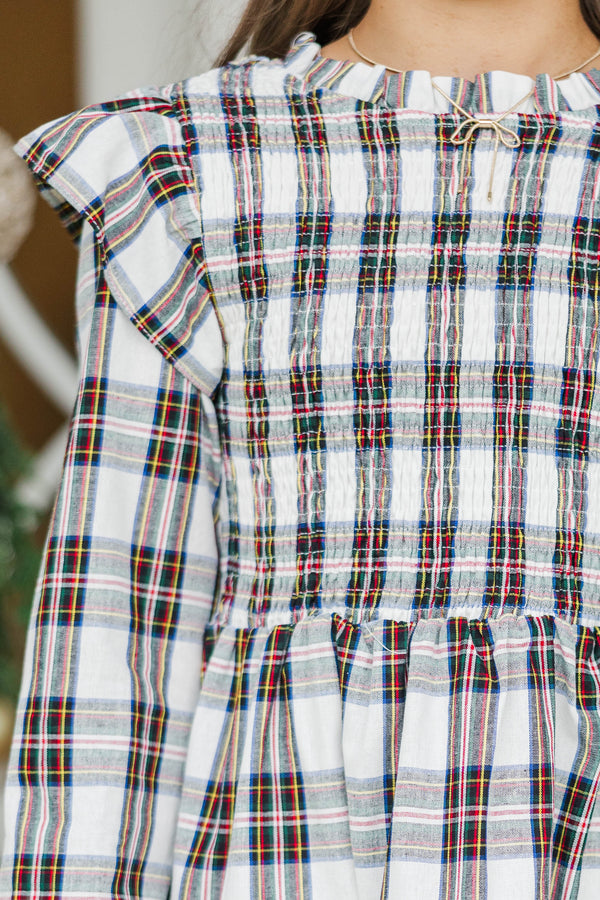 Girls: House Essential Cream Plaid Smocked Dress