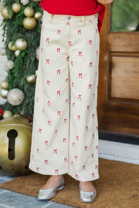 Girls: In Good Form Cream Bow Wide Leg Jeans