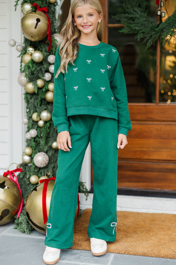 Girls: Weekend Ritual Emerald Bow Embroidered Sweatpants