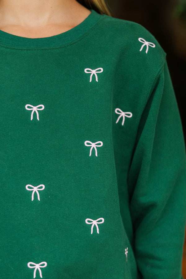 Girls: Weekend Ritual Emerald Bow Embroidered Sweatshirt