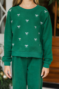 Girls: Weekend Ritual Emerald Bow Embroidered Sweatshirt
