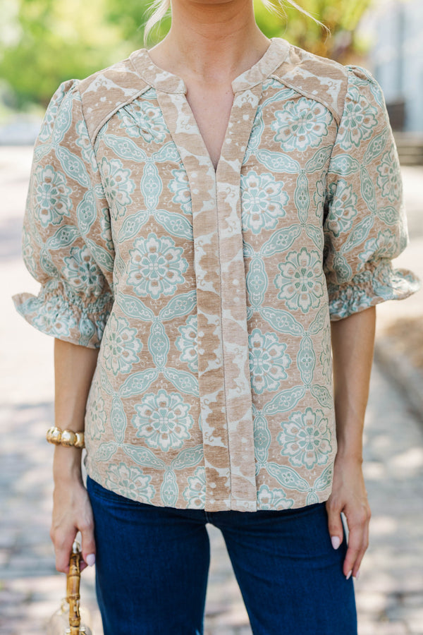 Polished To Perfection Taupe Velvet Jacquard Blouse