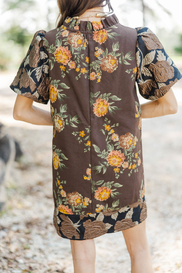 Worth Every Smile Brown Brocade Dress