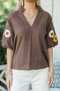 THML: Cutest In The Patch Brown Embroidered Blouse