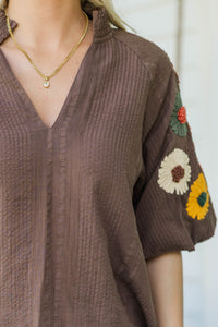 THML: Cutest In The Patch Brown Embroidered Blouse