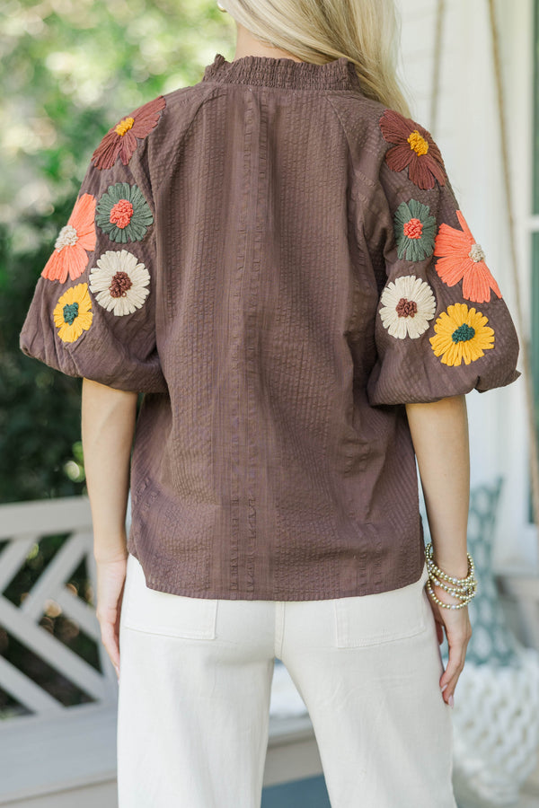 THML: Cutest In The Patch Brown Embroidered Blouse