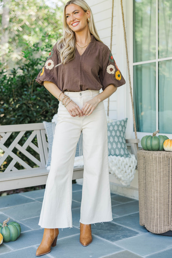 THML: Cutest In The Patch Brown Embroidered Blouse
