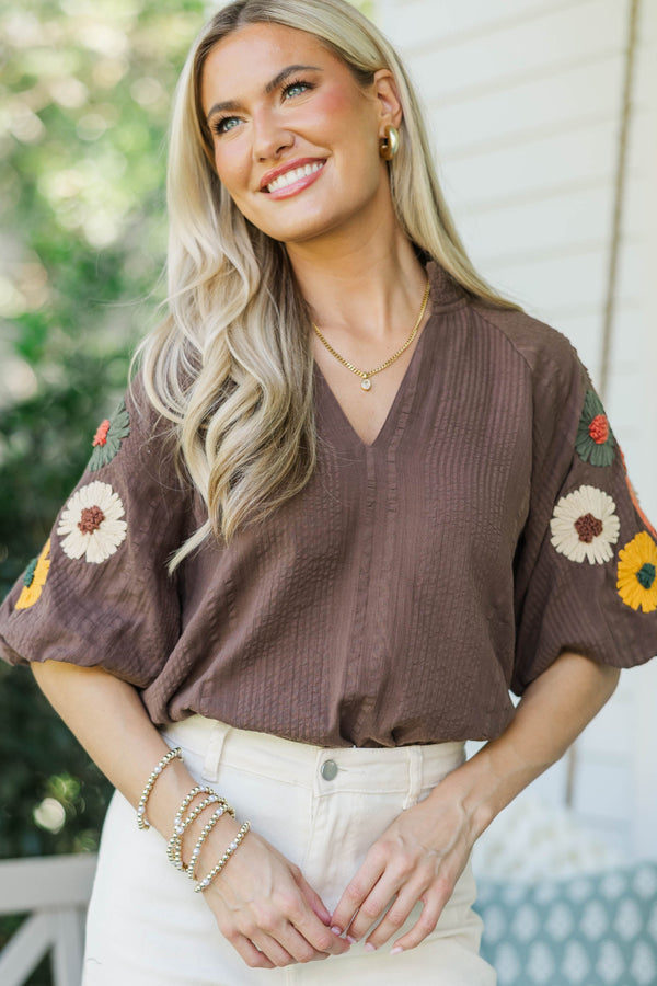 THML: Cutest In The Patch Brown Embroidered Blouse