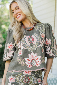 THML: Love Every Detail Olive Embroidered Blouse