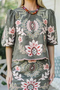 THML: Love Every Detail Olive Embroidered Blouse