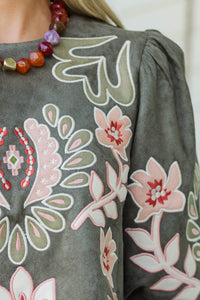 THML: Love Every Detail Olive Embroidered Blouse