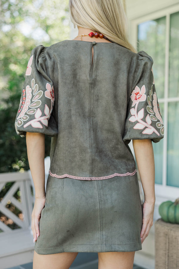 THML: Love Every Detail Olive Embroidered Blouse