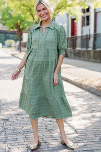 Autumn Muse Olive Textured Midi Dress
