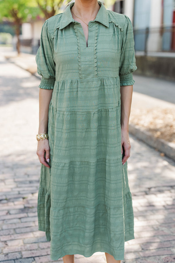 Autumn Muse Olive Textured Midi Dress