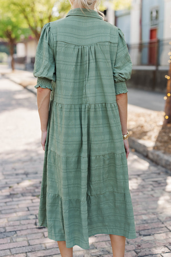 Autumn Muse Olive Textured Midi Dress