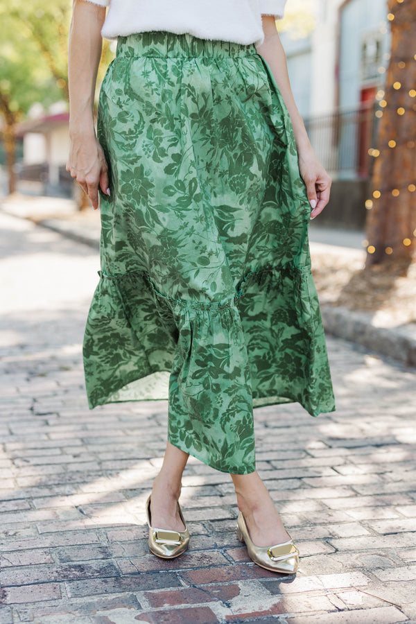 Autumn Muse Olive Floral Midi Skirt