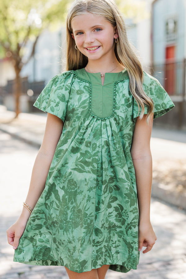 Girls: Autumn Muse Olive Floral Dress